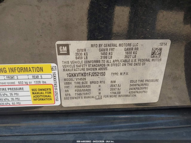 44935862 :رقم المزاد ، 1GKKVTKD1FJ252150 vin ، 2015 Gmc Acadia Denali مزاد بيع
