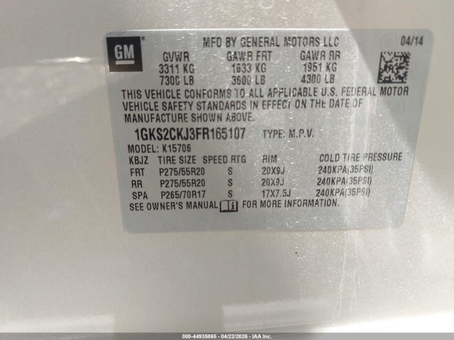 Aukcja sprzedaży 2015 Gmc Yukon Denali, vin: 1GKS2CKJ3FR165107, numer aukcji: 44935865