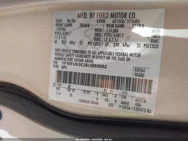 Продажа на аукционе авто 2006 Ford Explorer Xlt, vin: 1FMEU63E26UB60852, номер лота: 44935885