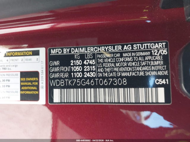Продаж на аукціоні авто 2006 Mercedes-benz Clk 500, vin: WDBTK75G46T067308, номер лоту: 44935892