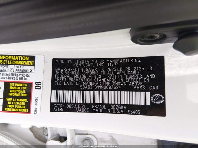 Продаж на аукціоні авто 2021 Lexus Es 350, vin: 58ADZ1B11MU087624, номер лоту: 44935943