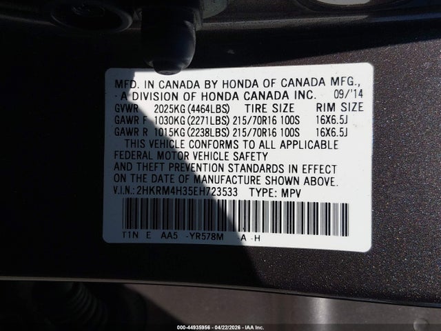 44935956 :رقم المزاد ، 2HKRM4H35EH723533 vin ، 2014 Honda Cr-v Lx مزاد بيع