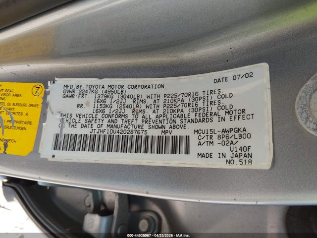 44935967 :رقم المزاد ، JTJHF10U420287675 vin ، 2002 Lexus Rx 300 مزاد بيع