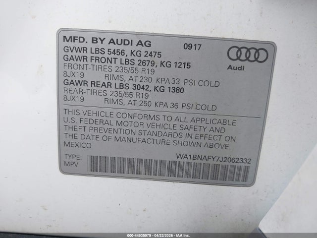 2018 Audi Q5 2.0t Premium/2.0t Tech Premium მანქანა იყიდება აუქციონზე, vin: WA1BNAFY7J2062332, აუქციონის ნომერი: 44935979