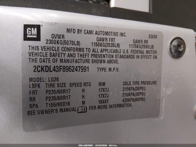 Продаж на аукціоні авто 2009 Pontiac Torrent, vin: 2CKDL43F896247991, номер лоту: 44935991