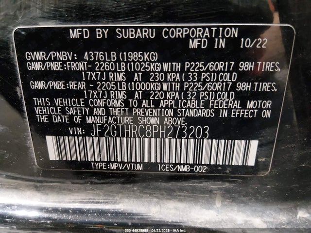 2023 Subaru Crosstrek Sport მანქანა იყიდება აუქციონზე, vin: JF2GTHRC8PH273203, აუქციონის ნომერი: 44935995