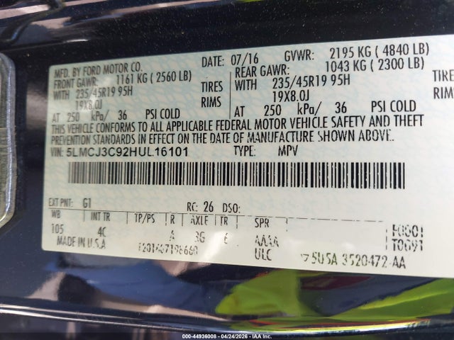 Aukcja sprzedaży 2017 Lincoln Mkc Reserve, vin: 5LMCJ3C92HUL16101, numer aukcji: 44936008