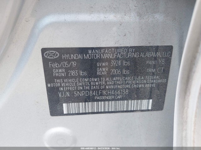 2019 Hyundai Elantra Sel მანქანა იყიდება აუქციონზე, vin: 5NPD84LF1KH466138, აუქციონის ნომერი: 44936012