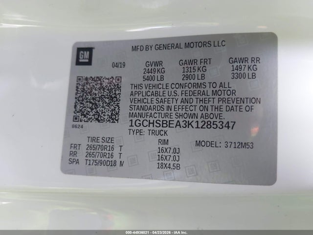 1GCHSBEA3K1285347 Chevrolet Colorado Wt
