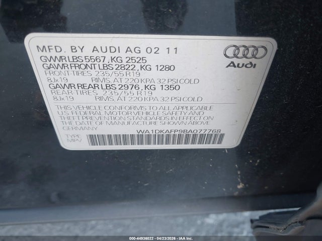 2011 Audi Q5 3.2 Premium Plus მანქანა იყიდება აუქციონზე, vin: WA1DKAFP9BA077768, აუქციონის ნომერი: 44936022