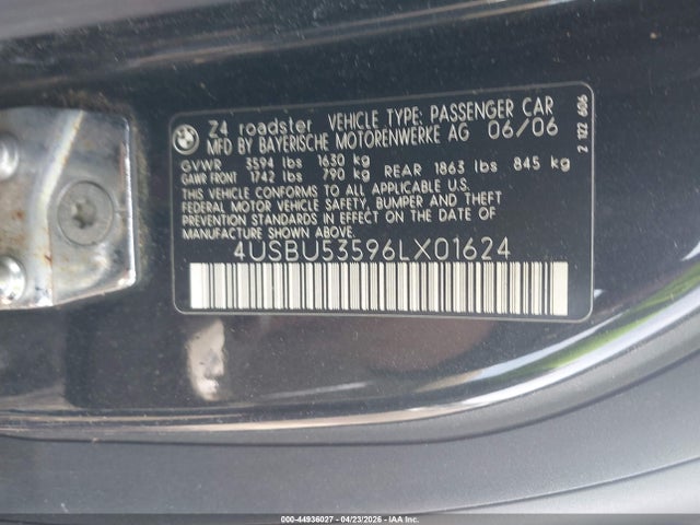 Aukcja sprzedaży 2006 Bmw Z4 3.0si, vin: 4USBU53596LX01624, numer aukcji: 44936027