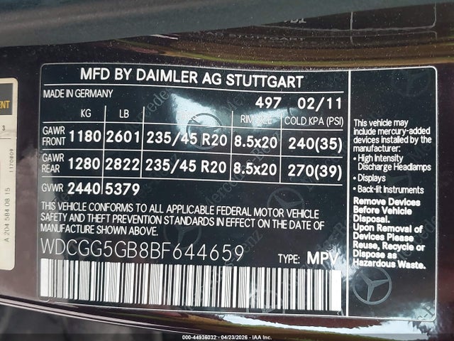 Продаж на аукціоні авто 2011 Mercedes-benz Glk 350, vin: WDCGG5GB8BF644659, номер лоту: 44936032