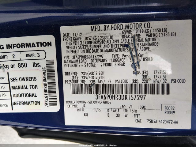 Продажа на аукционе авто 2013 Ford Fusion Se, vin: 3FA6P0HR3DR157297, номер лота: 44936052