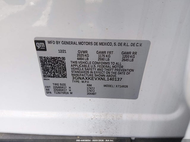 Aukcja sprzedaży 2022 Chevrolet Equinox Fwd Lt, vin: 3GNAXKEVXNL140137, numer aukcji: 44936054