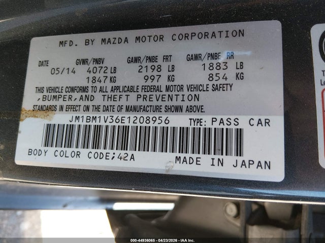 2014 Mazda Mazda3 S Touring მანქანა იყიდება აუქციონზე, vin: JM1BM1V36E1208956, აუქციონის ნომერი: 44936065