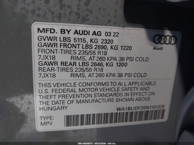 Aukcja sprzedaży 2022 Audi Q3 Premium Plus 40 Tfsi Quattro Tiptronic, vin: WA1BUDF35N1101326, numer aukcji: 44936078