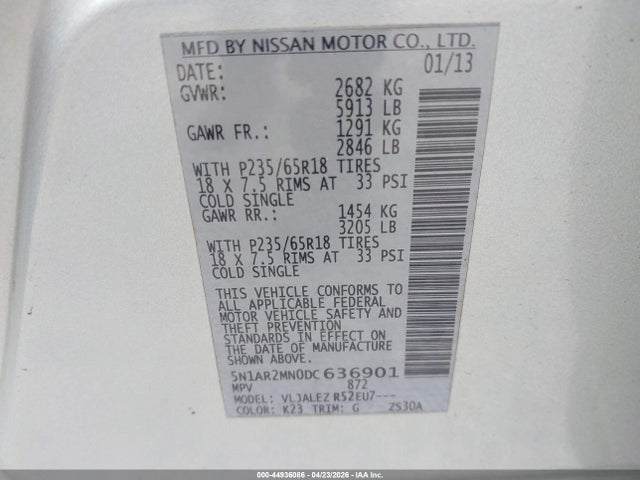 2013 Nissan Pathfinder Sv მანქანა იყიდება აუქციონზე, vin: 5N1AR2MN0DC636901, აუქციონის ნომერი: 44936086