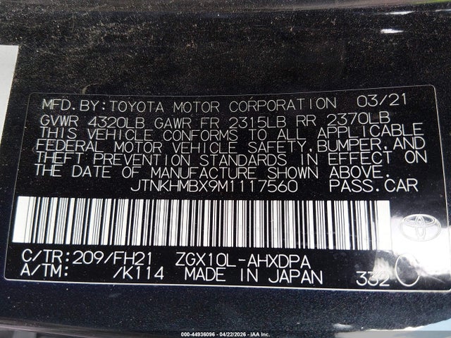 2021 Toyota C-hr Le მანქანა იყიდება აუქციონზე, vin: JTNKHMBX9M1117560, აუქციონის ნომერი: 44936096