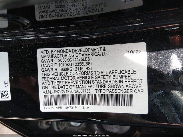 Продаж на аукціоні авто 2022 Honda Accord Sport, vin: 1HGCV1F36NA087766, номер лоту: 44936098