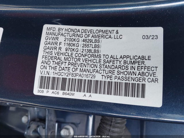 Продажа на аукционе авто 2023 Honda Accord Hybrid Touring, vin: 1HGCY2F83PA016729, номер лота: 44936100