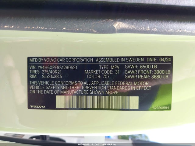 Продажа на аукционе авто 2025 Volvo Xc90 Plug-in Hybrid T8 Ultra 7-seater, vin: YV4H60PF9S1290521, номер лота: 44936115
