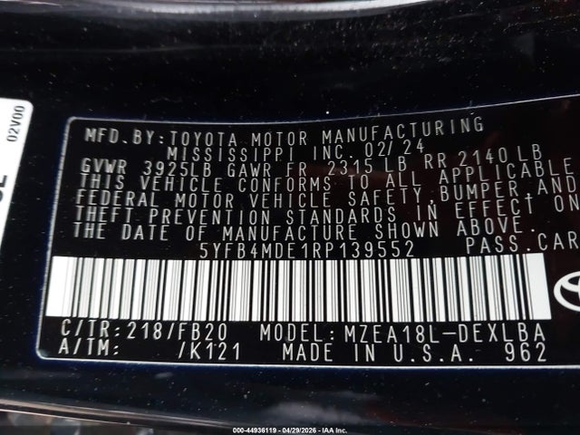 Aukcja sprzedaży 2024 Toyota Corolla Le, vin: 5YFB4MDE1RP139552, numer aukcji: 44936119