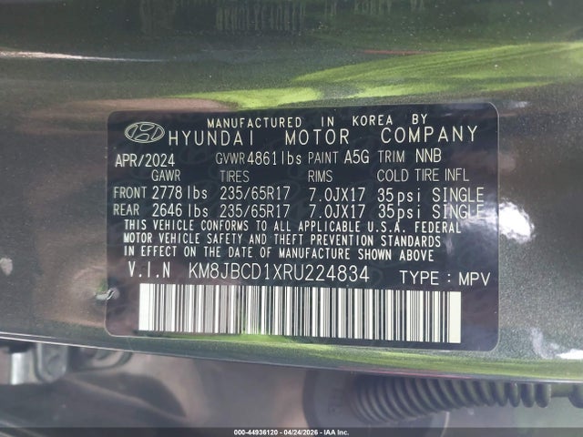 Aukcja sprzedaży 2024 Hyundai Tucson Hybrid Blue, vin: KM8JBCD1XRU224834, numer aukcji: 44936120