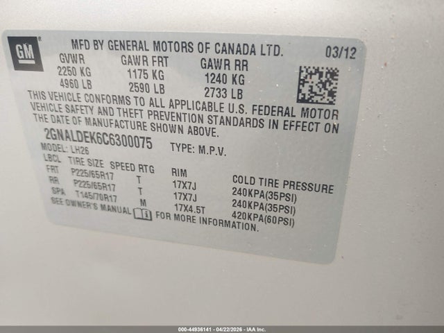 2012 Chevrolet Equinox 1lt მანქანა იყიდება აუქციონზე, vin: 2GNALDEK6C6300075, აუქციონის ნომერი: 44936141