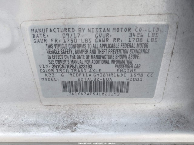 Продаж на аукціоні авто 2018 Nissan Versa 1.6 Sv, vin: 3N1CN7AP5JL823193, номер лоту: 44936161