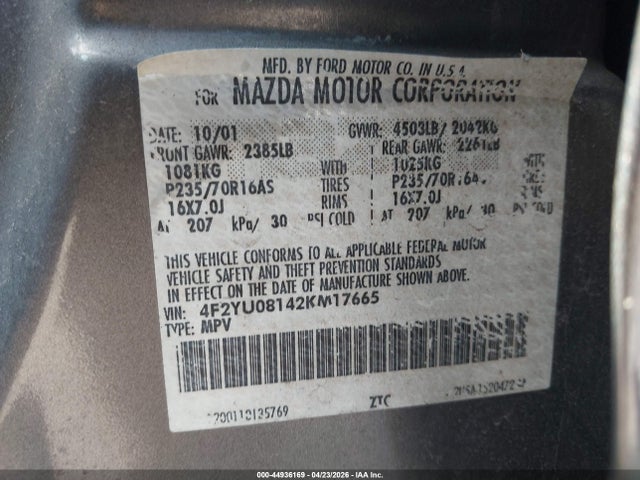 44936169 :رقم المزاد ، 4F2YU08142KM17665 vin ، 2002 Mazda Tribute Es V6/lx V6 مزاد بيع
