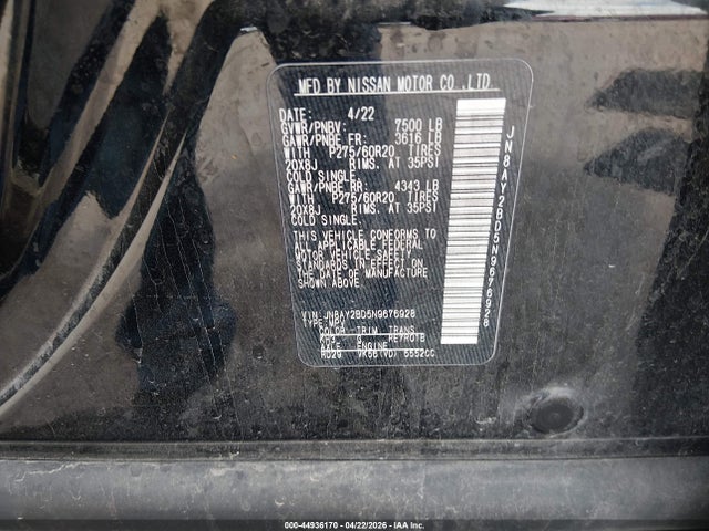 Aukcja sprzedaży 2022 Nissan Armada Sl 4wd, vin: JN8AY2BD5N9676928, numer aukcji: 44936170