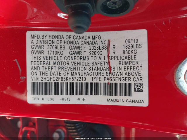 2019 Honda Civic Sport მანქანა იყიდება აუქციონზე, vin: 2HGFC2F85KH572210, აუქციონის ნომერი: 44936176
