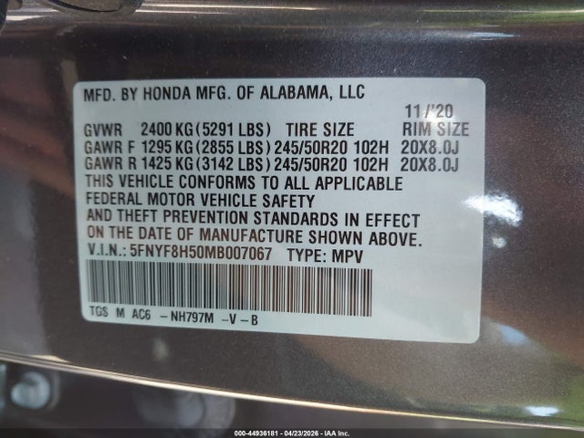 Aukcja sprzedaży 2021 Honda Passport Awd Ex-l, vin: 5FNYF8H50MB007067, numer aukcji: 44936181