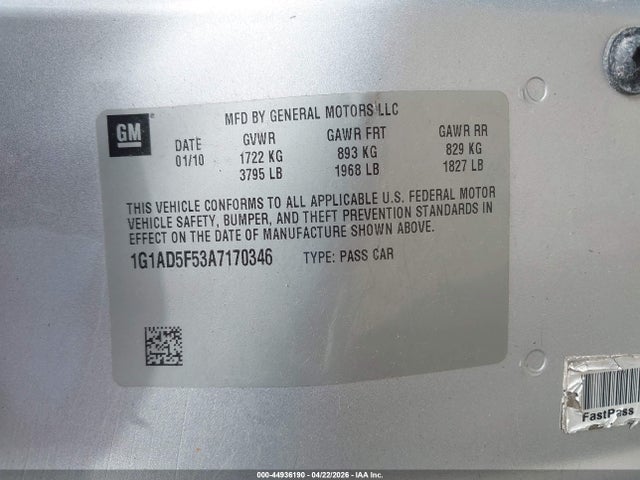 2010 Chevrolet Cobalt Lt მანქანა იყიდება აუქციონზე, vin: 1G1AD5F53A7170346, აუქციონის ნომერი: 44936190