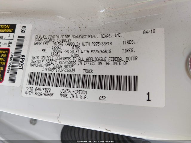 2018 Toyota Tundra Sr5 5.7l V8 მანქანა იყიდება აუქციონზე, vin: 5TFUW5F17JX750839, აუქციონის ნომერი: 44936206