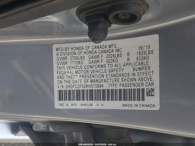 Aukcja sprzedaży 2019 Honda Civic Lx, vin: 2HGFC2F62KH570994, numer aukcji: 44936209