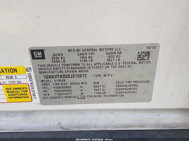 44936219 :رقم المزاد ، 1GKKVTKD2EJ215672 vin ، 2014 Gmc Acadia Denali مزاد بيع