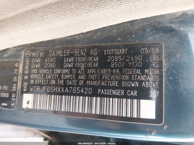 Aukcja sprzedaży 1999 Mercedes-benz E 320, vin: WDBJF65HXXA765420, numer aukcji: 44936220