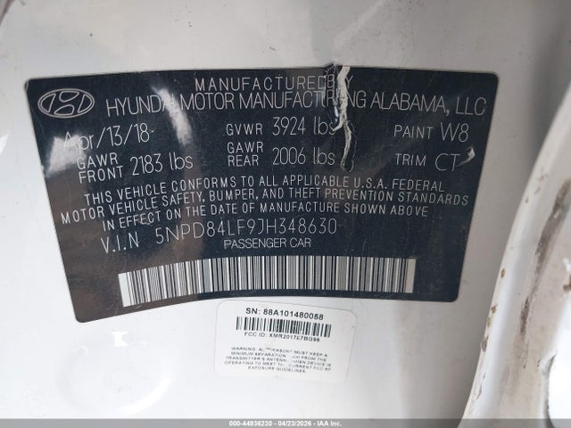 44936230 :رقم المزاد ، 5NPD84LF9JH348630 vin ، 2018 Hyundai Elantra Value Edition مزاد بيع