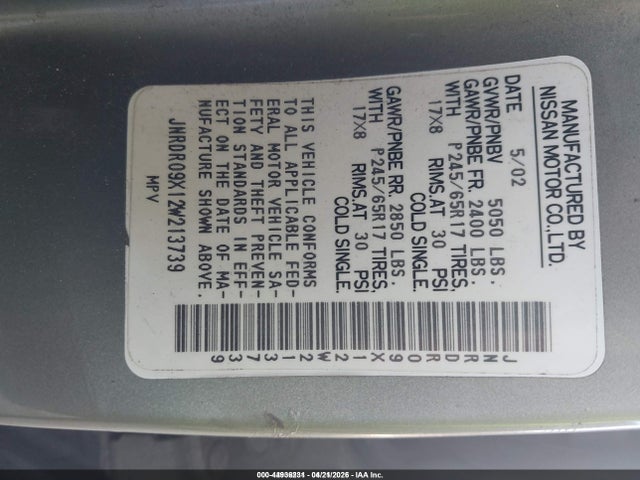 44936231 :رقم المزاد ، JNRDR09X12W213739 vin ، 2002 Infiniti Qx4 Luxury مزاد بيع