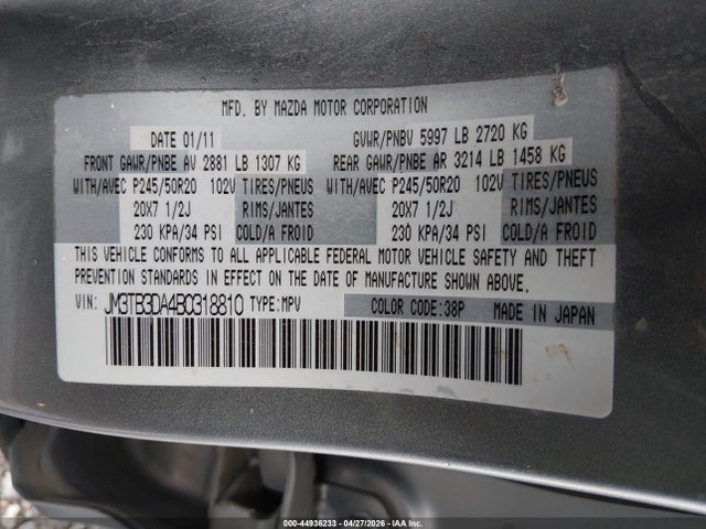 Продаж на аукціоні авто 2011 Mazda Cx-9 Grand Touring, vin: JM3TB3DA4B0318810, номер лоту: 44936233