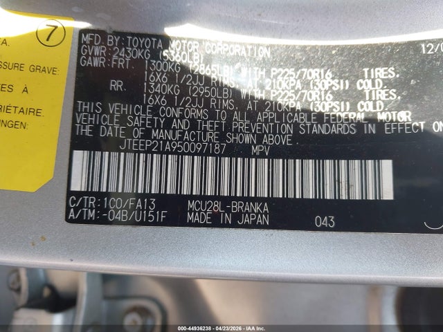 2005 Toyota Highlander V6 მანქანა იყიდება აუქციონზე, vin: JTEEP21A950097187, აუქციონის ნომერი: 44936238