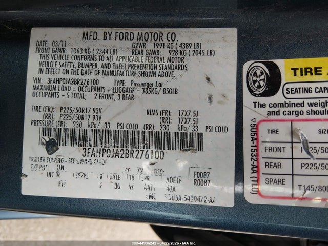 2011 Ford Fusion Sel მანქანა იყიდება აუქციონზე, vin: 3FAHP0JA2BR276100, აუქციონის ნომერი: 44936242