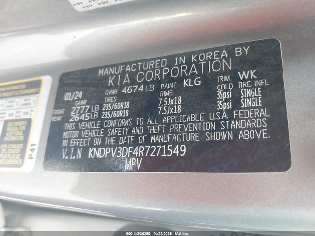 44936250 :رقم المزاد ، KNDPV3DF4R7271549 vin ، 2024 Kia Sportage Ex مزاد بيع