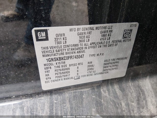44936252 :رقم المزاد ، 1GNSKBKC0FR743047 vin ، 2015 Chevrolet Tahoe Lt مزاد بيع