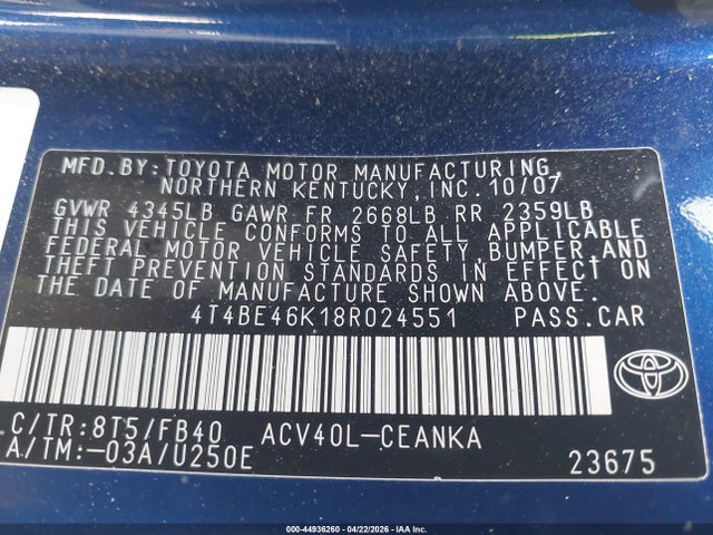 2008 Toyota Camry მანქანა იყიდება აუქციონზე, vin: 4T4BE46K18R024551, აუქციონის ნომერი: 44936260