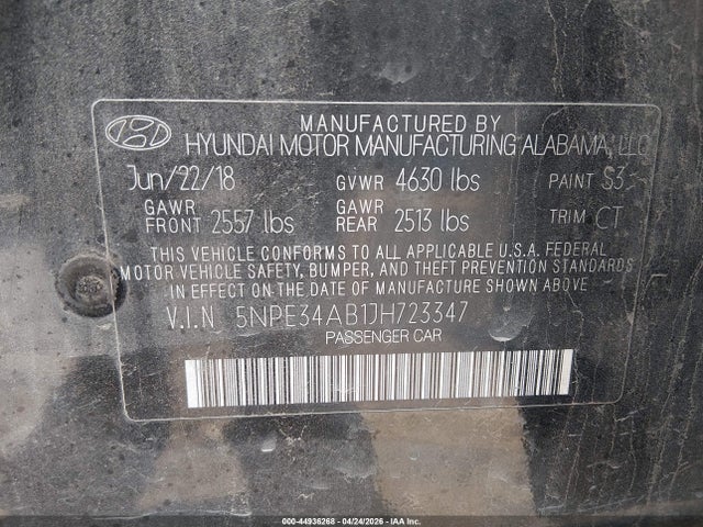 44936268 :رقم المزاد ، 5NPE34AB1JH723347 vin ، 2018 Hyundai Sonata Limited 2.0t+ مزاد بيع