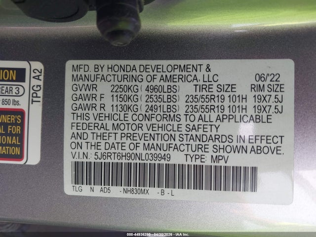 Aukcja sprzedaży 2022 Honda Cr-v Hybrid Touring, vin: 5J6RT6H90NL039949, numer aukcji: 44936280
