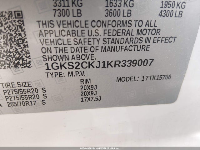 44936284 :رقم المزاد ، 1GKS2CKJ1KR339007 vin ، 2019 Gmc Yukon Denali مزاد بيع