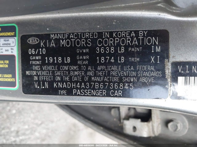 44936308 :رقم المزاد ، KNADH4A37B6736845 vin ، 2011 Kia Rio Lx مزاد بيع